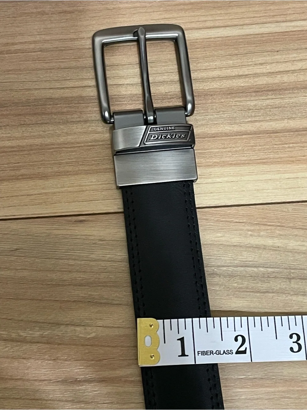 Dickies Black Leather Belt with Silver Tone Metal Buckle.
